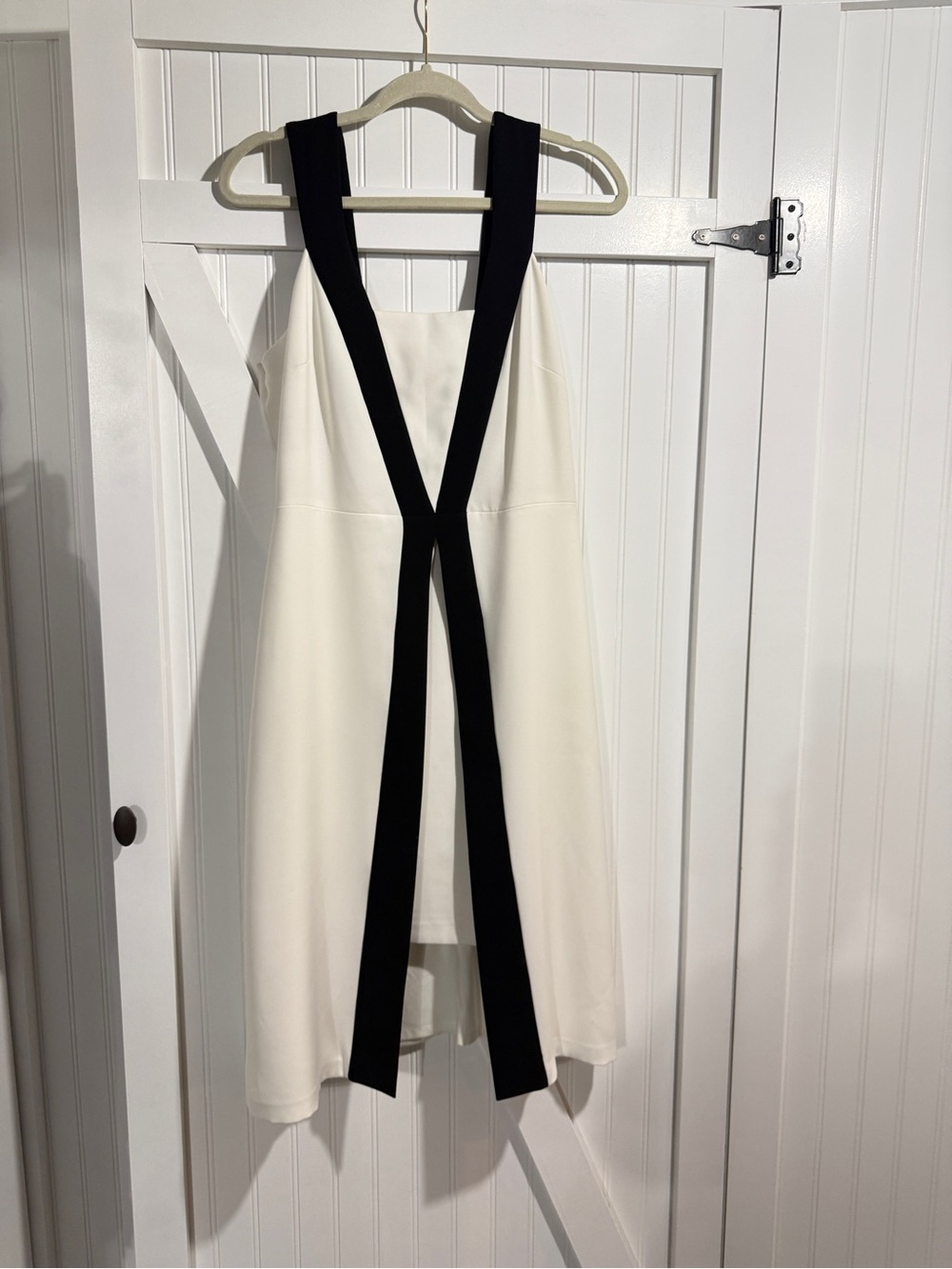 White House Black Market Cream Asymmetrical Dress with Black Strap Detail